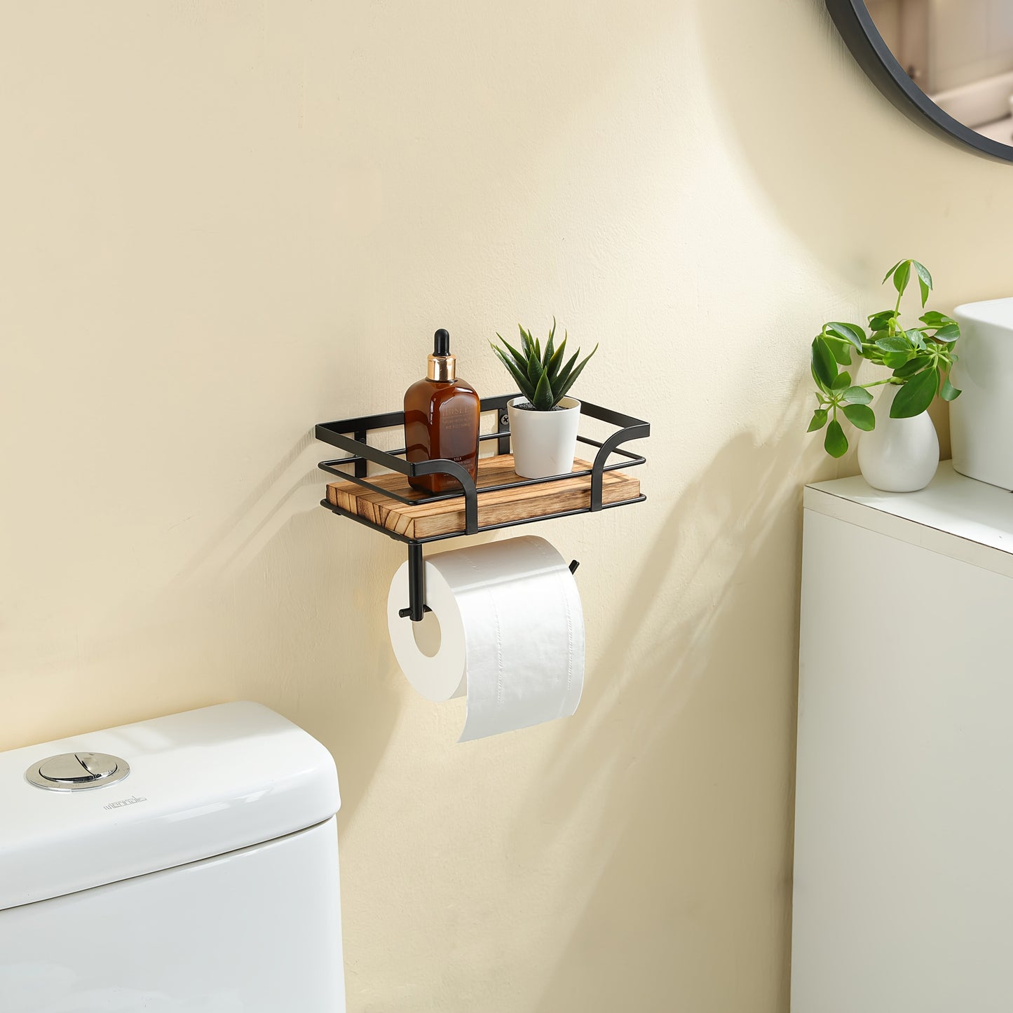 Wandplank Badkamer Smeedijzer Hout met Toiletrolhouder 20cm Zwart Toilet Opberger Wc Rek Muurplank