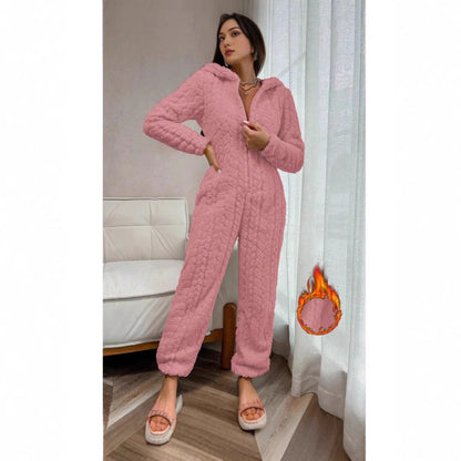 Dames Fleece Onesie Warm Zacht met Capuchon en Kabelpatroon