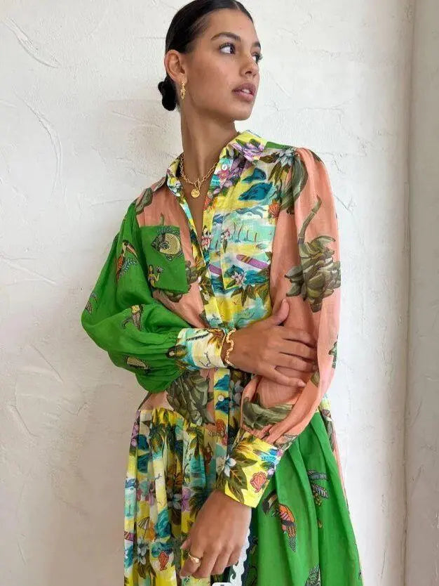 Vrouwelijke Jurk Met Bloemenprint Polokraag Dameskleding