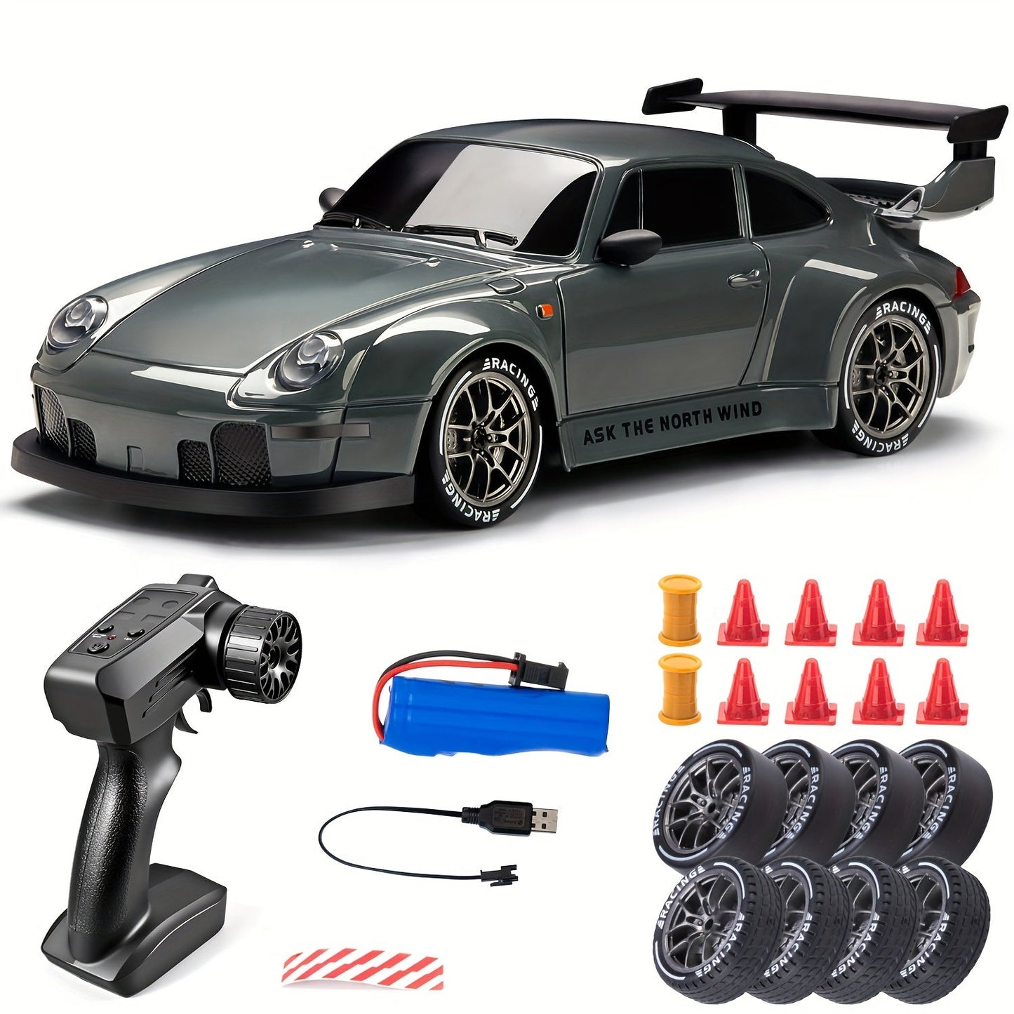 RC drift auto 1:24 4WD grijs met verlichte wielen afstandsbediening extra banden driftauto speelgoed auto usb oplaadbaar