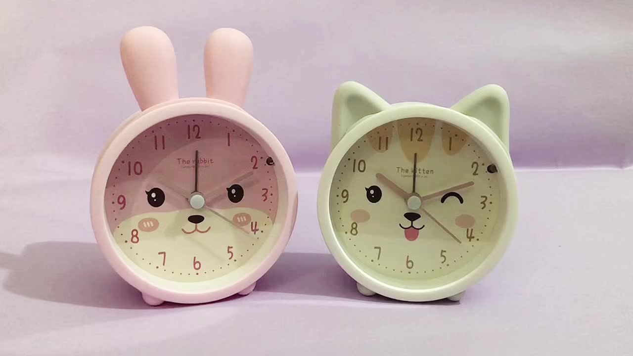 Stille Wekker voor Kinderen met Nachtlampje en Konijnmotief Roze Wit