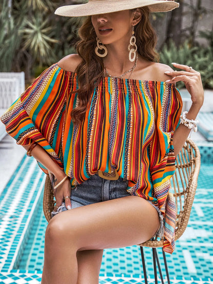 Vrouwelijke Blouse Off-Shoulder Bloemenprint Zomerse Stijl
