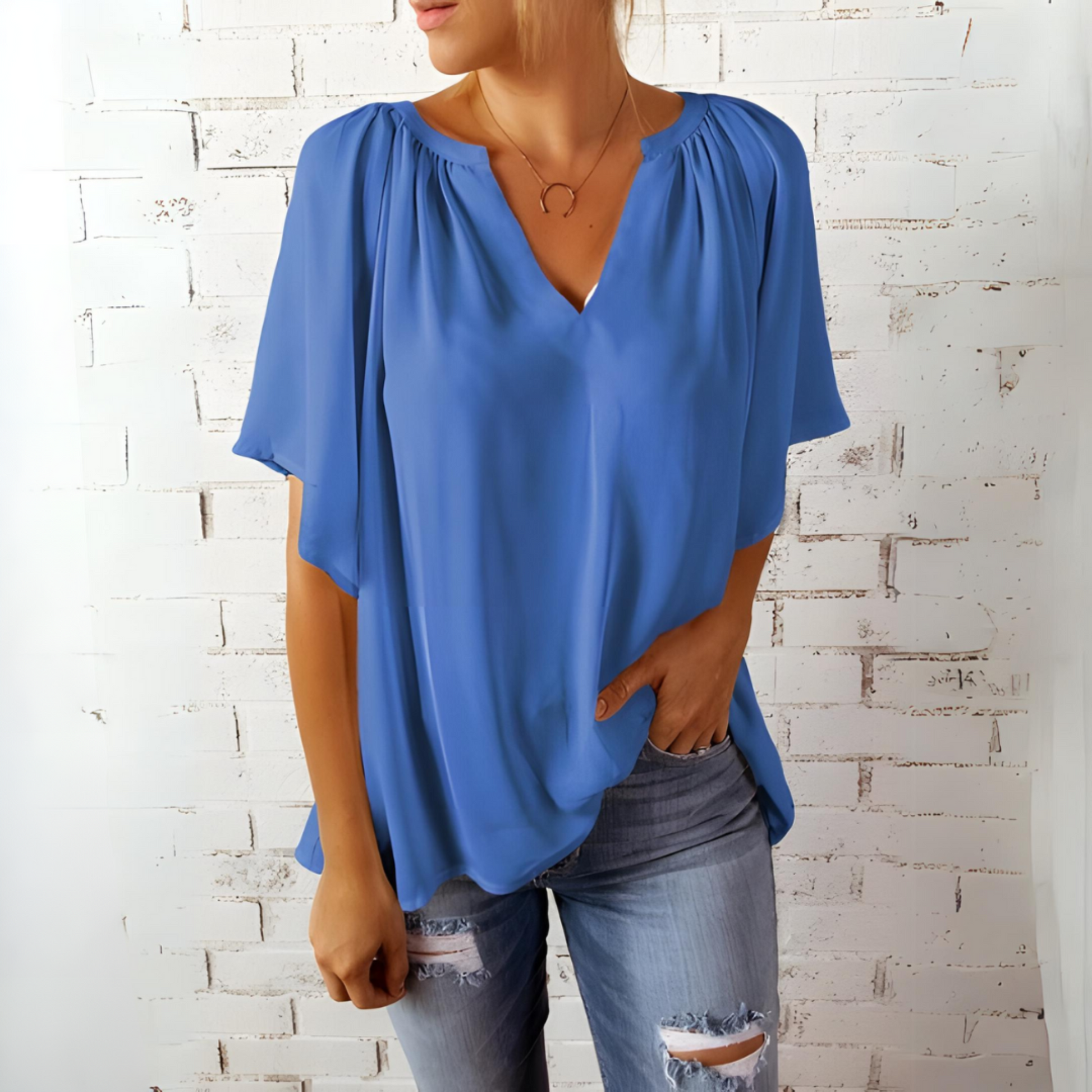 Vrouwelijke Chiffon Bloes V-Hals Korte Mouw Elegante - StudioMarella