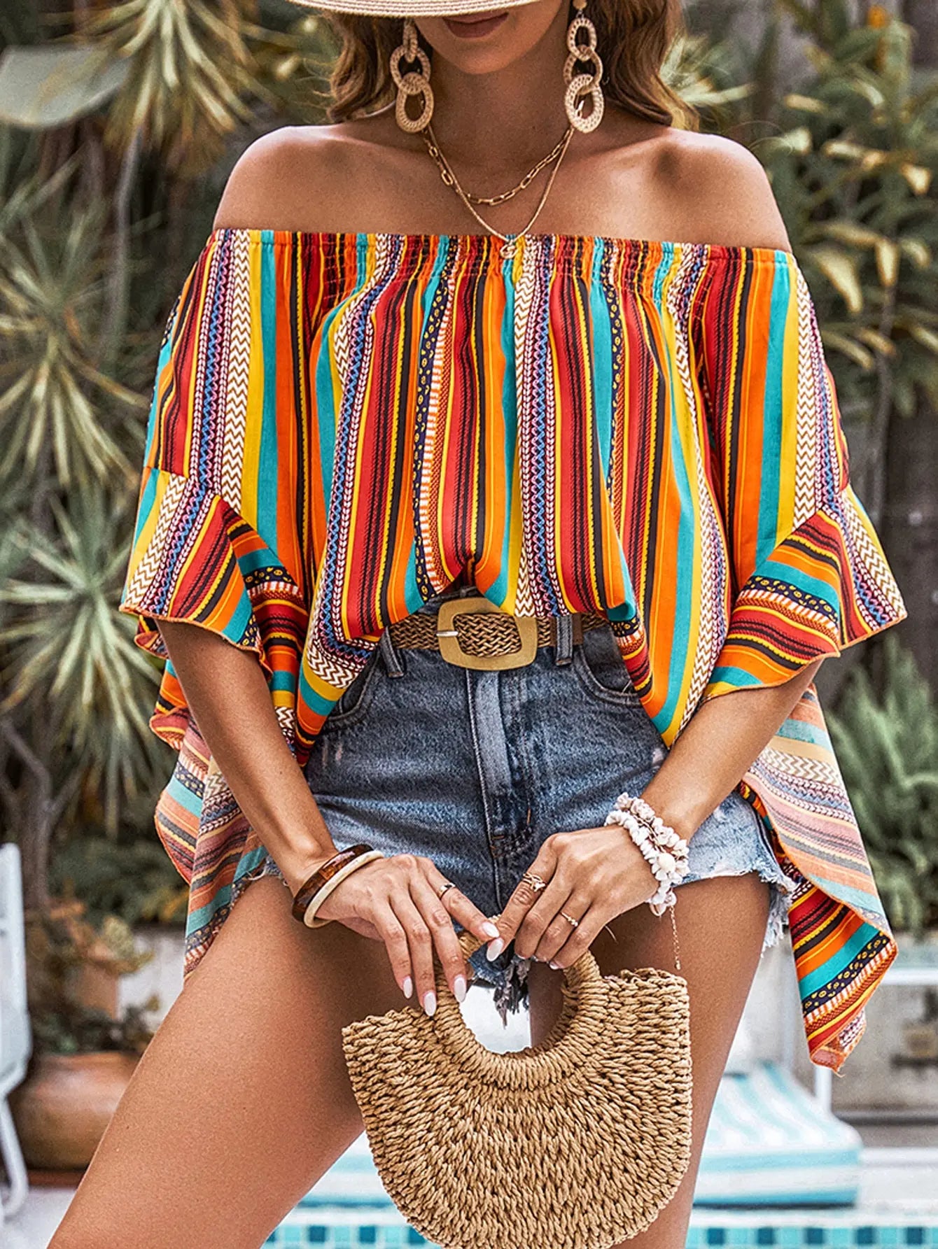 Vrouwelijke Blouse Off-Shoulder Bloemenprint Zomerse Stijl