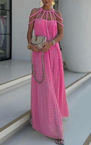 Linnen Jurk Maxi Gedrapeerd met Vlechtwerk Details