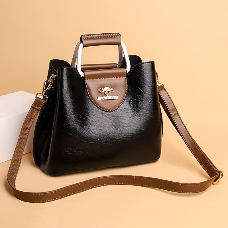Leren Dames Handtas Zwart Bruin Tweekleurig Design met Praktische Vakken