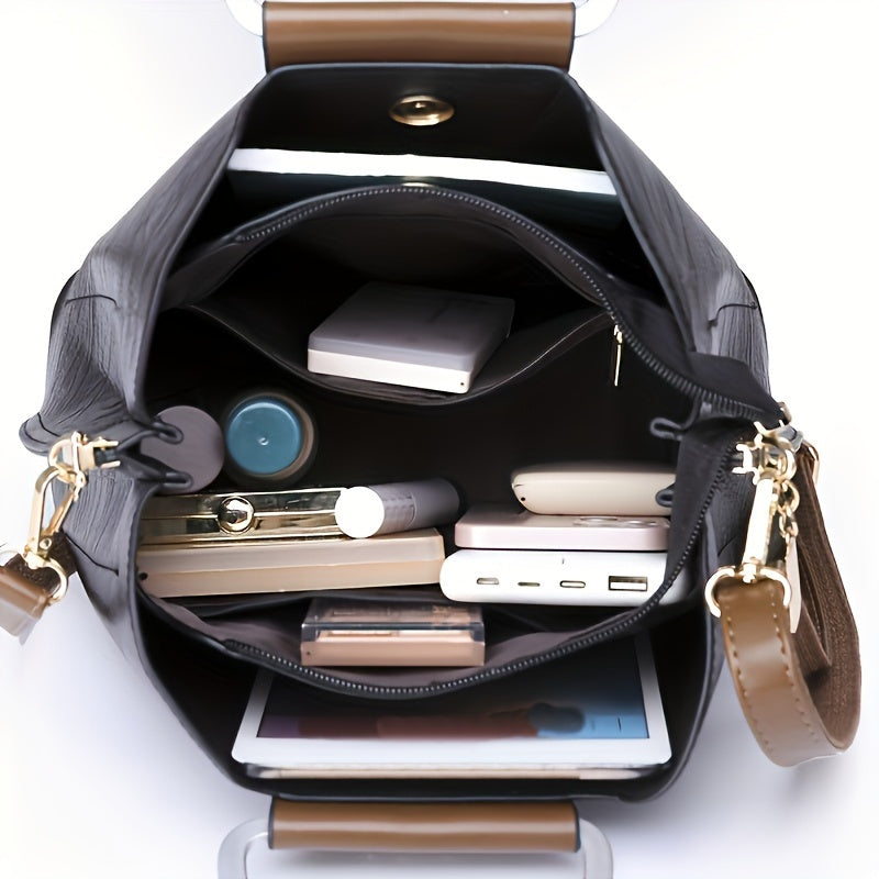 Leren Dames Handtas Zwart Bruin Tweekleurig Design met Praktische Vakken