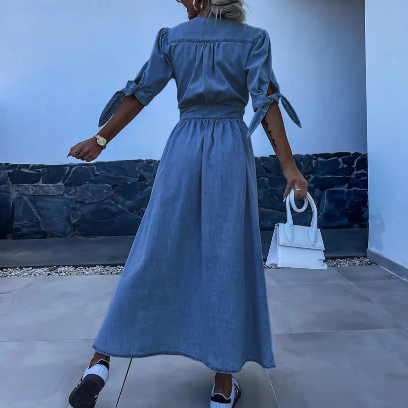 Maxi Jurk Denim met Knopen en Strikmouwen