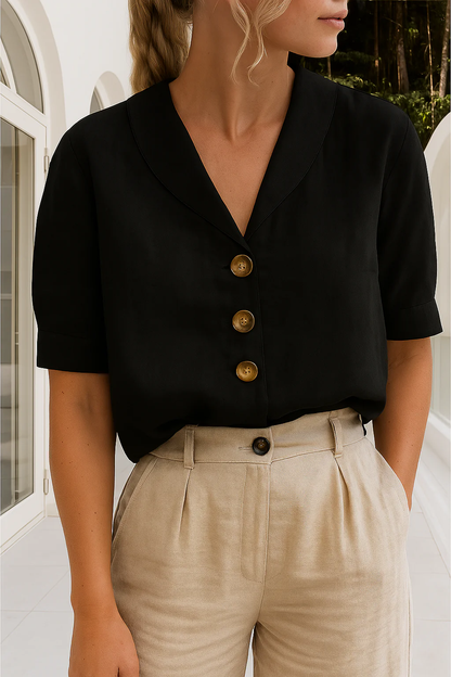 Dames Blouse Korte Mouwen met Sjaalkraag en Knoopsluiting