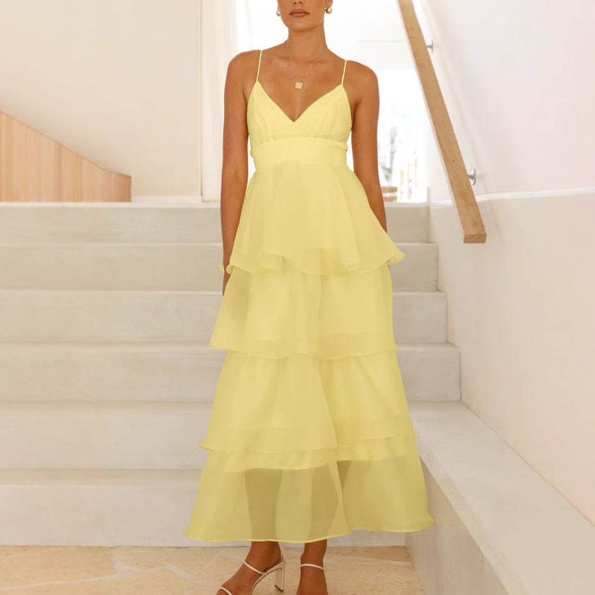 Elegante Maxi Jurk met Ruffles en Dunne Schouderbandjes
