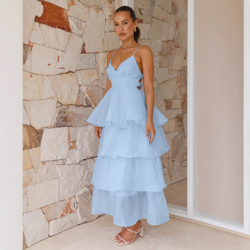 Vrouwelijke Maxi Jurk Elegante met Ruffles en Dunne Schouders