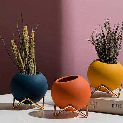 Decoratieve plantenpot keramiek met metalen standaard blauw woonkamer tafel plantenhouder vaasje interieur