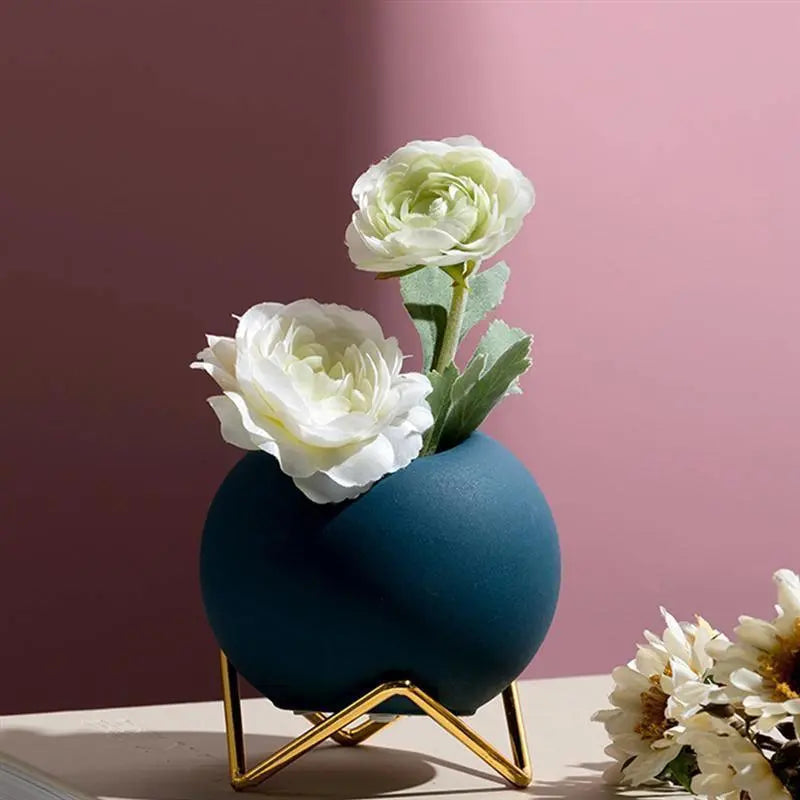 Decoratieve plantenpot keramiek met metalen standaard blauw woonkamer tafel plantenhouder vaasje interieur