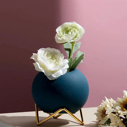 Decoratieve plantenpot keramiek met metalen standaard blauw woonkamer tafel plantenhouder vaasje interieur