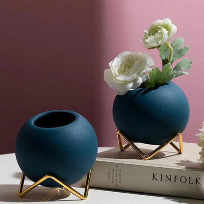 Decoratieve plantenpot keramiek met metalen standaard blauw woonkamer tafel plantenhouder vaasje interieur