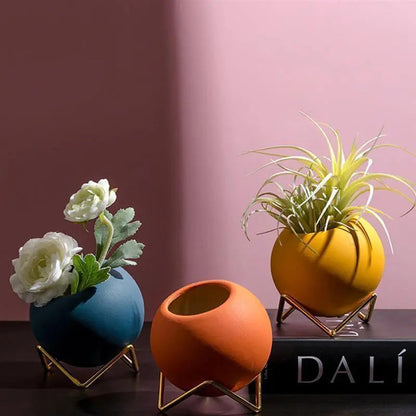 Decoratieve plantenpot keramiek met metalen standaard blauw woonkamer tafel plantenhouder vaasje interieur