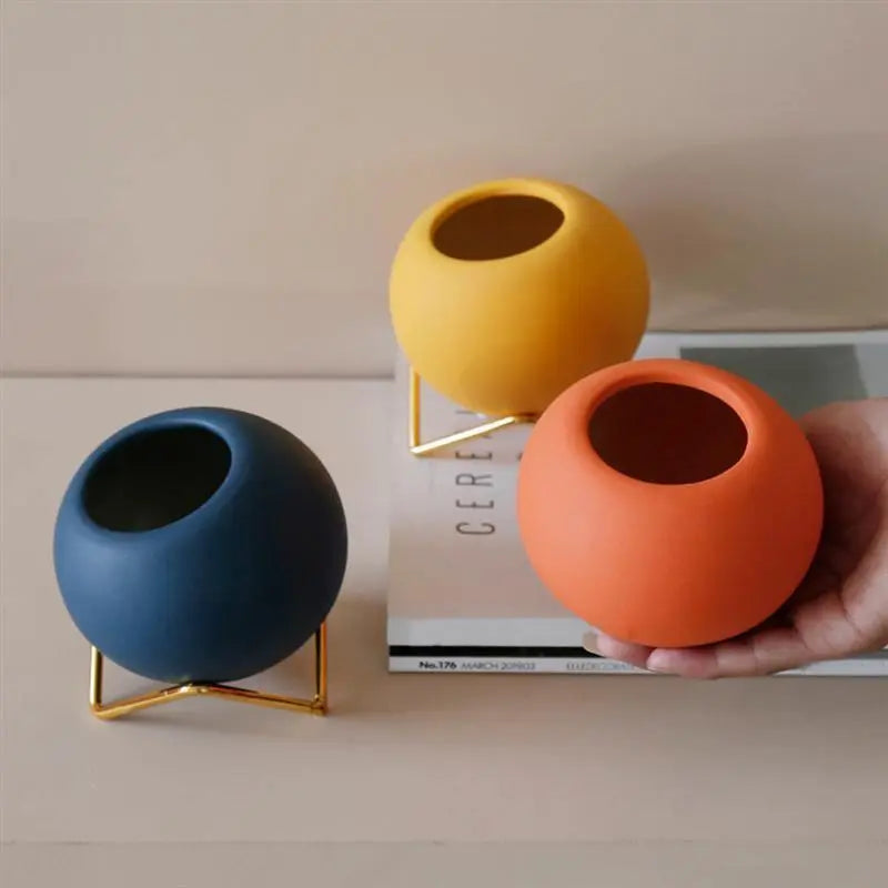 Decoratieve plantenpot keramiek met metalen standaard blauw woonkamer tafel plantenhouder vaasje interieur