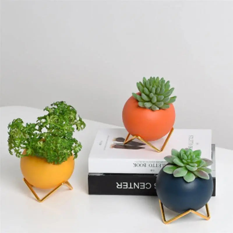 Decoratieve plantenpot keramiek met metalen standaard blauw woonkamer tafel plantenhouder vaasje interieur