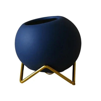 Decoratieve plantenpot keramiek met metalen standaard blauw woonkamer tafel plantenhouder vaasje interieur