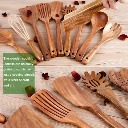 Houten Keukengerei Set 11-delig met Houder Teakhout Natuurlijk Scandinavisch Kookbestek Spatel Lepel