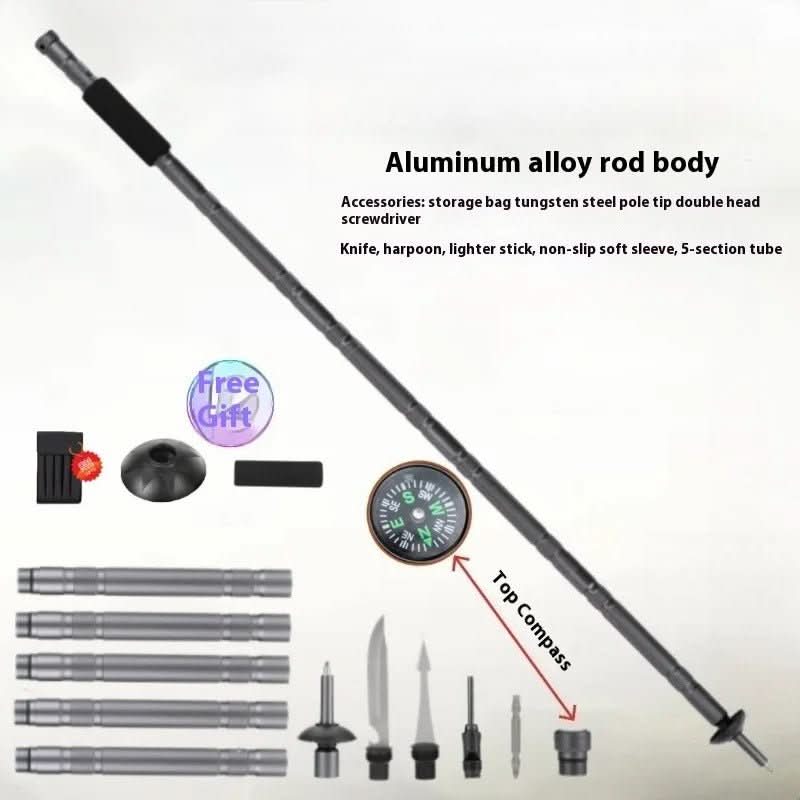 Multifunctionele Wandelstok met Gereedschap Zwart Aluminium Verstelbaar Outdoor Survival Trekking Camping