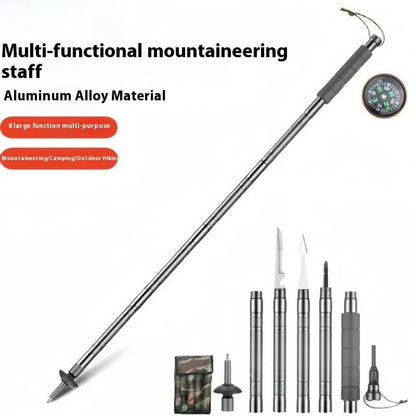 Multifunctionele Wandelstok met Gereedschap Zwart Aluminium Verstelbaar Outdoor Survival Trekking Camping