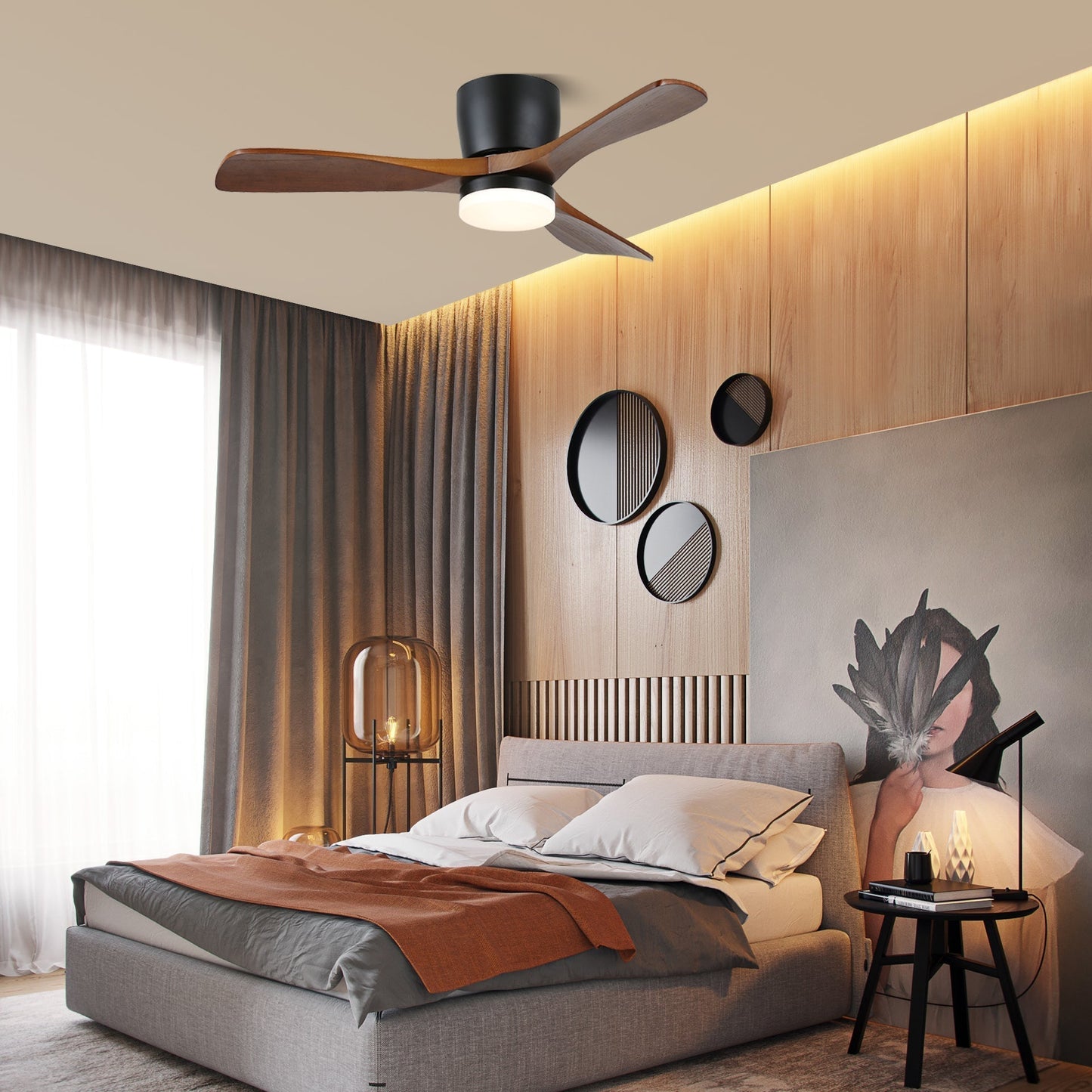 Plafondventilator met Verlichting Hout Minimalistische Stijl met Drie Snelheden Afstandsbediening voor Moderne Slaapkamer Woonkamer