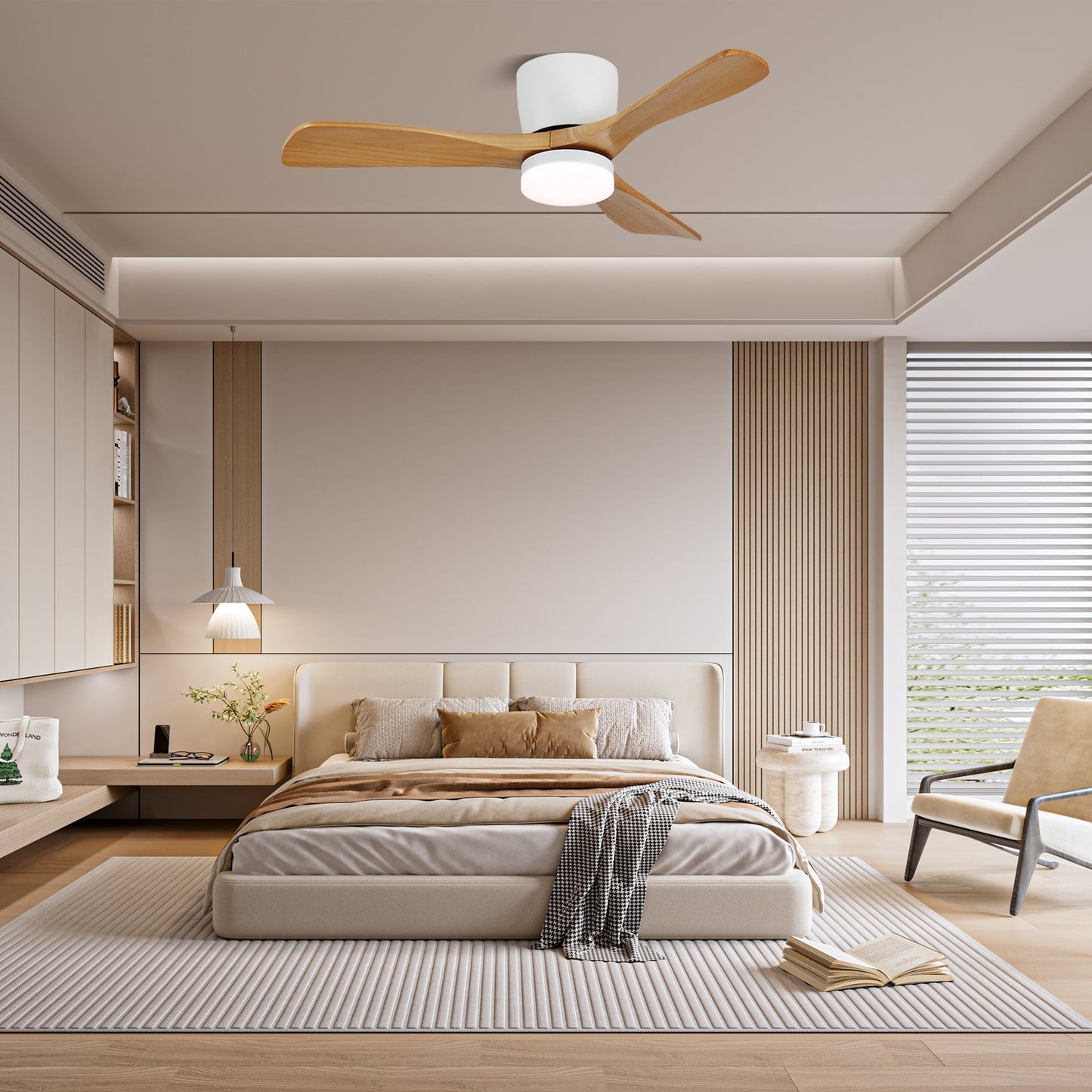 Plafondventilator met Verlichting Hout Minimalistische Stijl met Drie Snelheden Afstandsbediening voor Moderne Slaapkamer Woonkamer
