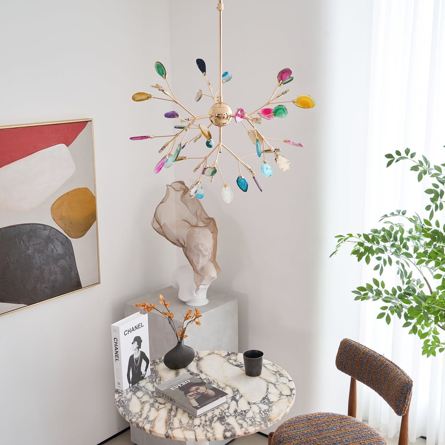 Agaat Kristal Kroonluchter met Natuursteen – Exclusieve Hanglamp voor Eetkamer, Woonkamer en Kantoor