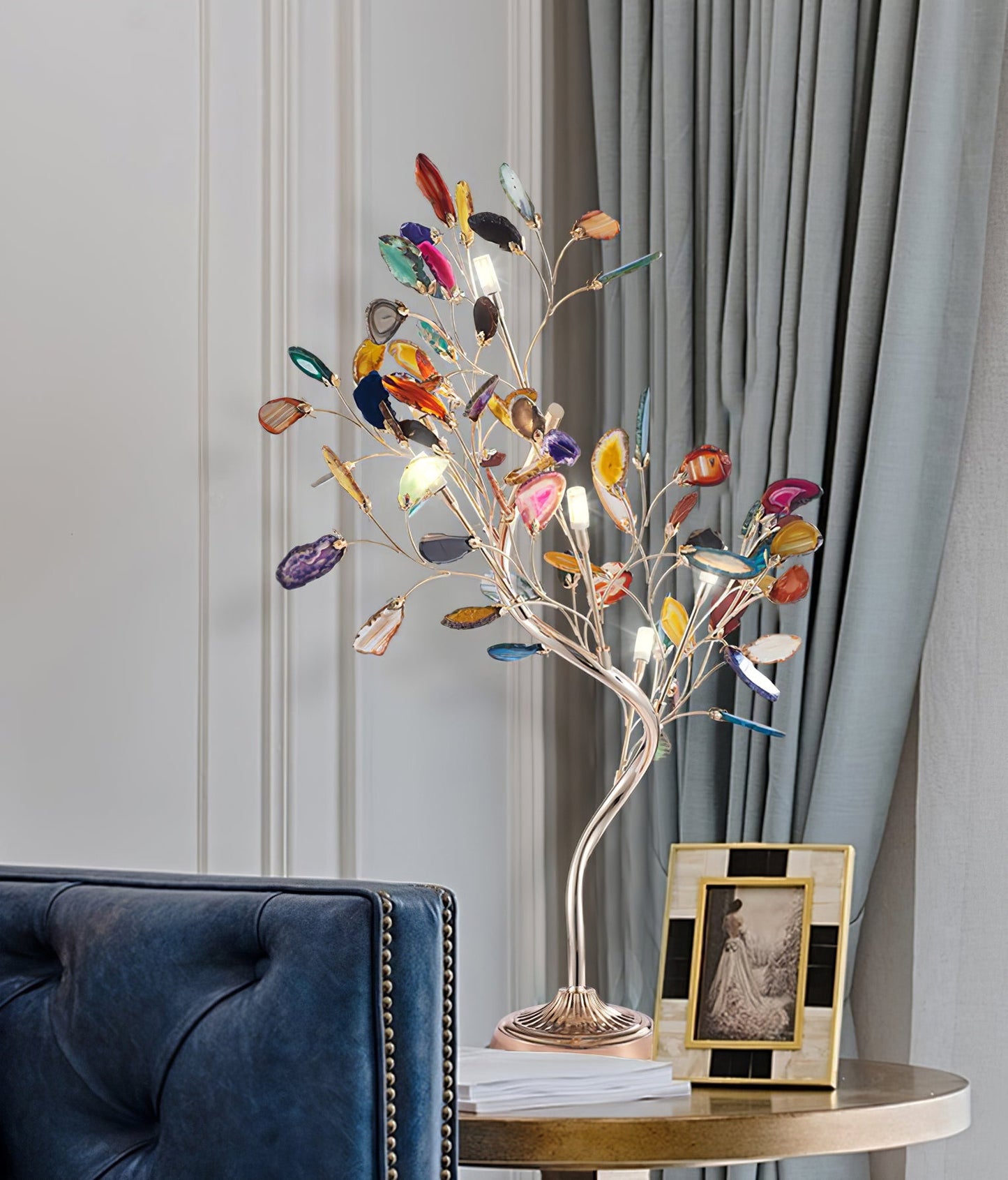 Agaat Kroonluchter – Natuursteen Hanglamp met Rozégouden Frame voor Hoge Ruimtes – Ø 65 cm & Ø 85 cm
