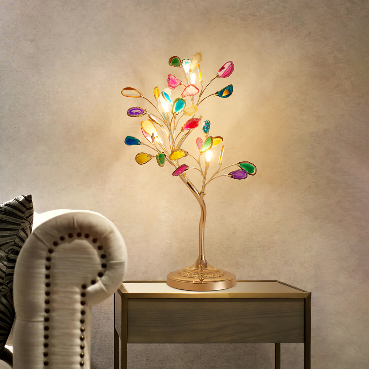 Agaat Kroonluchter – Natuursteen Hanglamp met Rozégouden Frame voor Hoge Ruimtes – Ø 65 cm & Ø 85 cm