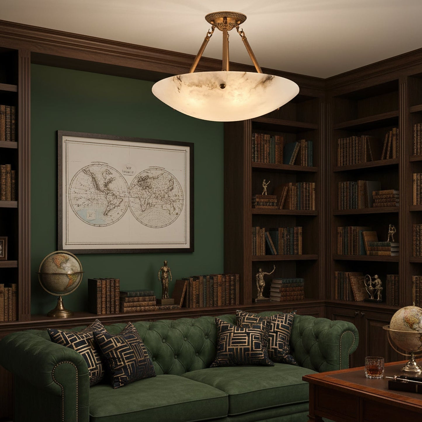Alabaster Kom Plafondlamp – Antique Brass Montuur – 4, 5 of 6 Lichtpunten – Natuursteen Halfronde Kroonluchter voor Eetkamer Woonkamer Entree