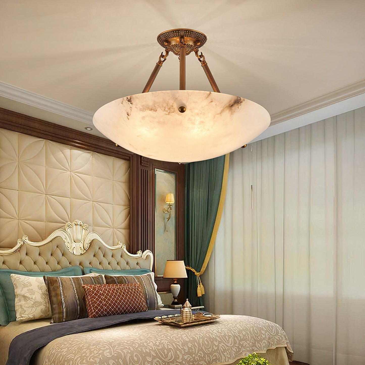 Alabaster Kom Plafondlamp – Antique Brass Montuur – 4, 5 of 6 Lichtpunten – Natuursteen Halfronde Kroonluchter voor Eetkamer Woonkamer Entree