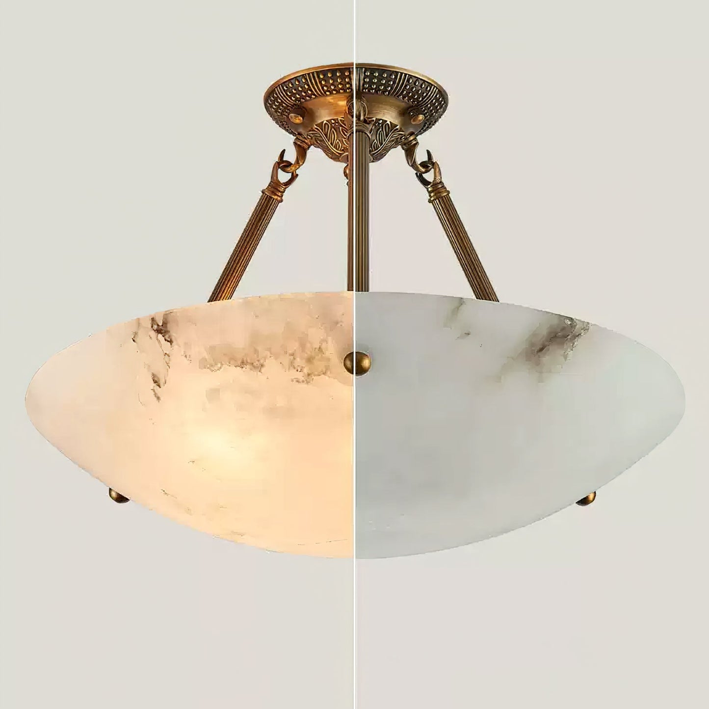 Alabaster Kom Plafondlamp – Antique Brass Montuur – 4, 5 of 6 Lichtpunten – Natuursteen Halfronde Kroonluchter voor Eetkamer Woonkamer Entree