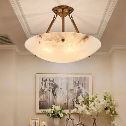 Alabaster Kom Plafondlamp – Antique Brass Montuur – 4, 5 of 6 Lichtpunten – Natuursteen Halfronde Kroonluchter voor Eetkamer Woonkamer Entree