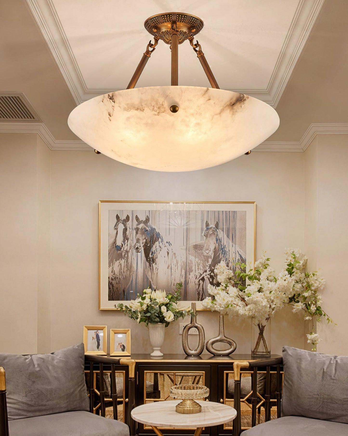 Alabaster Kom Plafondlamp – Antique Brass Montuur – 4, 5 of 6 Lichtpunten – Natuursteen Halfronde Kroonluchter voor Eetkamer Woonkamer Entree