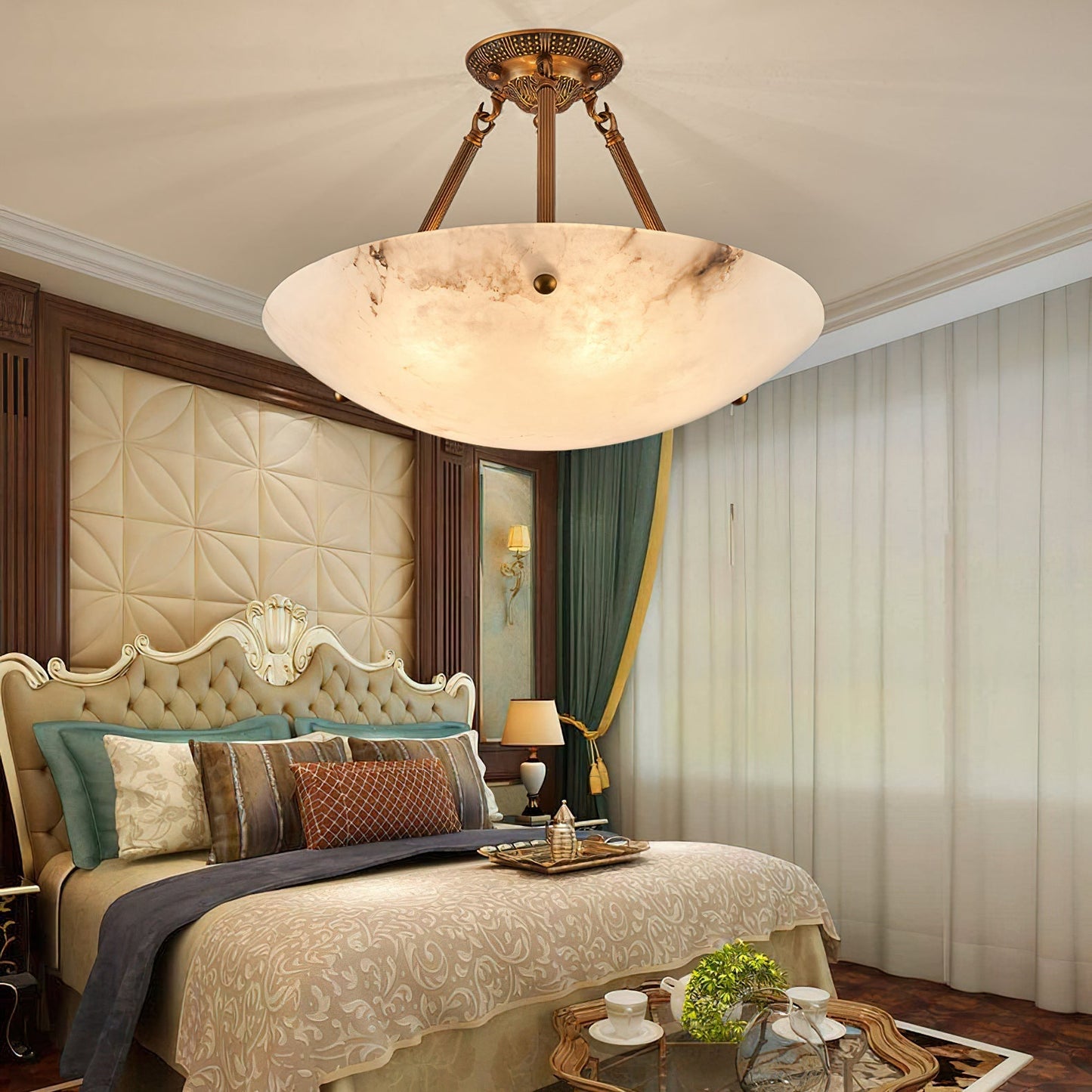 Alabaster Kom Plafondlamp – Antique Brass Montuur – 4, 5 of 6 Lichtpunten – Natuursteen Halfronde Kroonluchter voor Eetkamer Woonkamer Entree