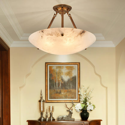 Alabaster Kom Plafondlamp – Antique Brass Montuur – 4, 5 of 6 Lichtpunten – Natuursteen Halfronde Kroonluchter voor Eetkamer Woonkamer Entree