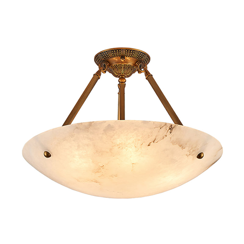Alabaster Kom Plafondlamp – Antique Brass Montuur – 4, 5 of 6 Lichtpunten – Natuursteen Halfronde Kroonluchter voor Eetkamer Woonkamer Entree