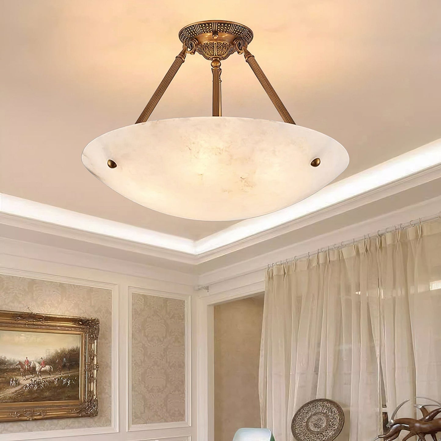 Alabaster Kom Plafondlamp – Antique Brass Montuur – 4, 5 of 6 Lichtpunten – Natuursteen Halfronde Kroonluchter voor Eetkamer Woonkamer Entree