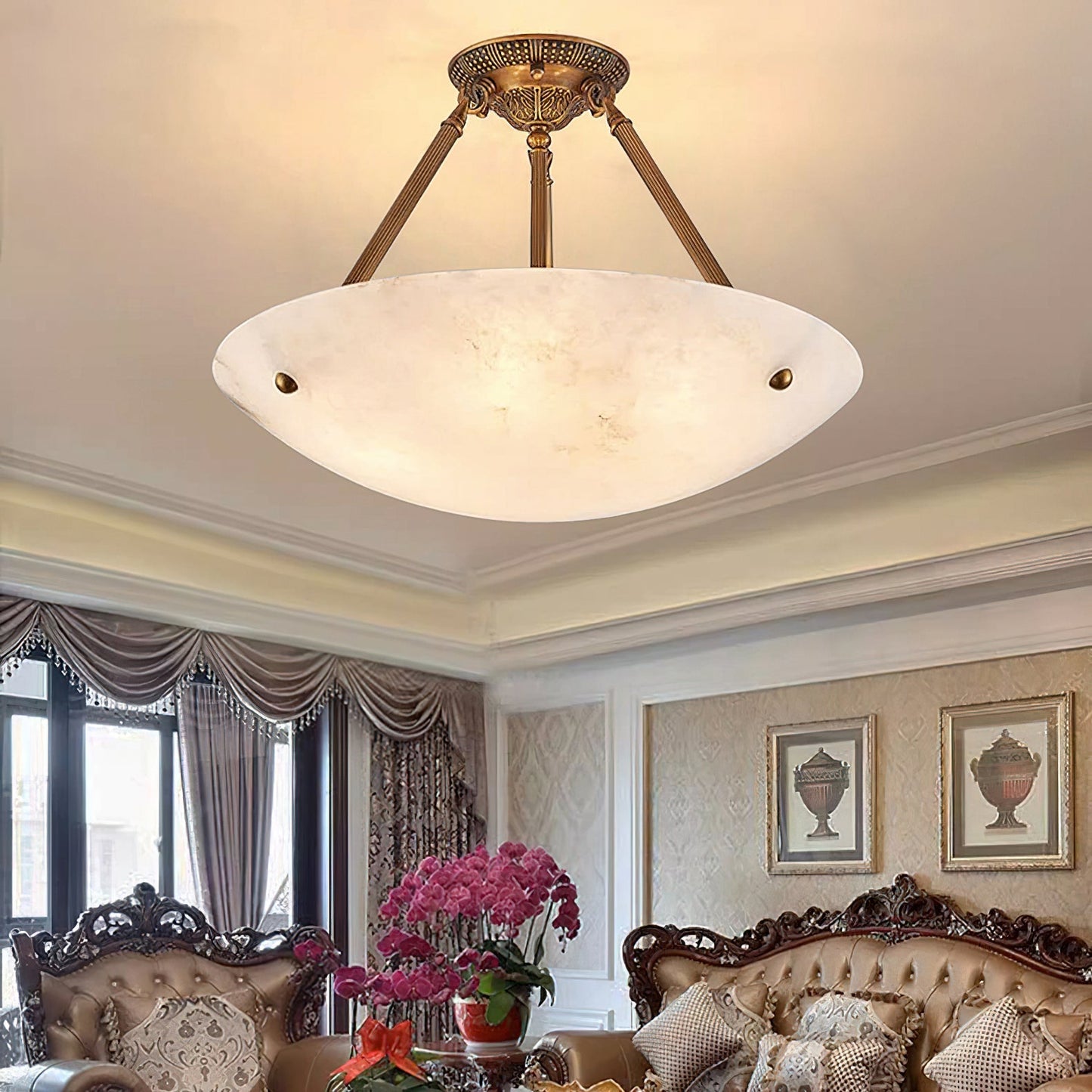 Alabaster Kom Plafondlamp – Antique Brass Montuur – 4, 5 of 6 Lichtpunten – Natuursteen Halfronde Kroonluchter voor Eetkamer Woonkamer Entree