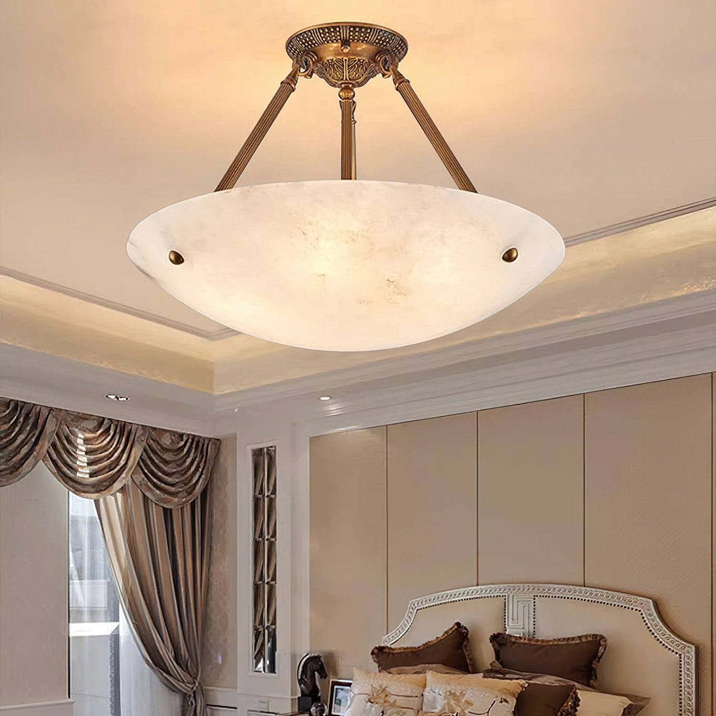 Alabaster Kom Plafondlamp – Antique Brass Montuur – 4, 5 of 6 Lichtpunten – Natuursteen Halfronde Kroonluchter voor Eetkamer Woonkamer Entree