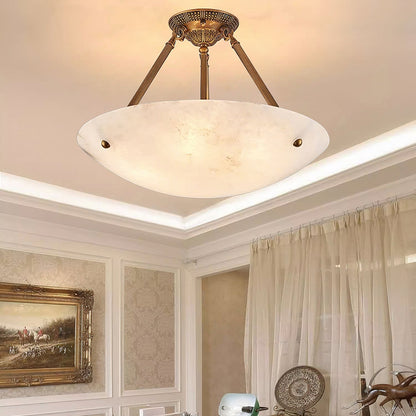 Alabaster Kom Plafondlamp – Antique Brass Montuur – 4, 5 of 6 Lichtpunten – Natuursteen Halfronde Kroonluchter voor Eetkamer Woonkamer Entree