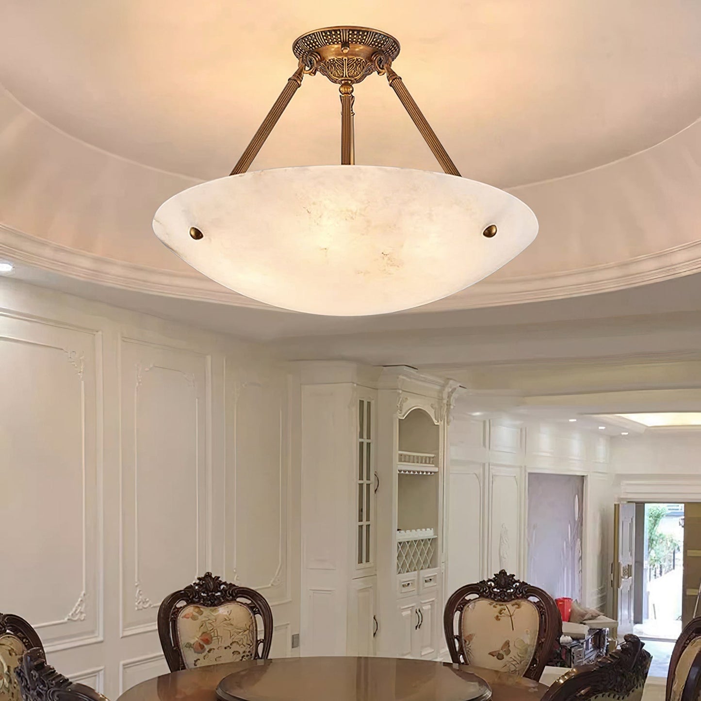 Alabaster Kom Plafondlamp – Antique Brass Montuur – 4, 5 of 6 Lichtpunten – Natuursteen Halfronde Kroonluchter voor Eetkamer Woonkamer Entree