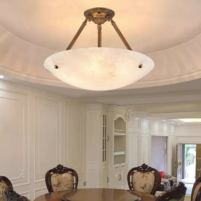 Alabaster Kom Plafondlamp – Antique Brass Montuur – 4, 5 of 6 Lichtpunten – Natuursteen Halfronde Kroonluchter voor Eetkamer Woonkamer Entree