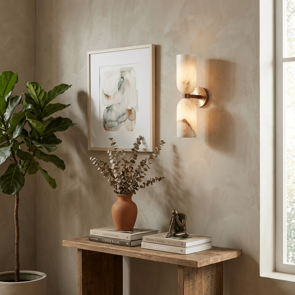 Alabasten Wandlamp met Messing — Dubbele Lichtschijven en Centrale Metalen Ster