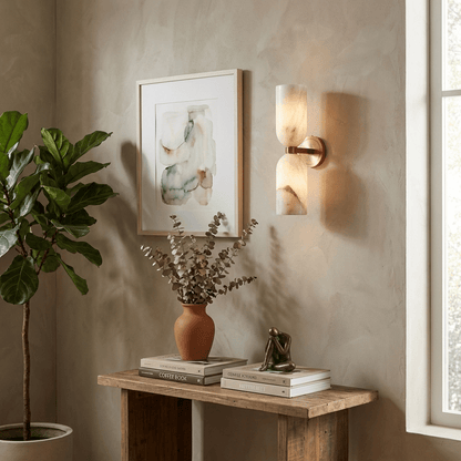 Alabasten Wandlamp met Messing — Dubbele Lichtschijven en Centrale Metalen Ster