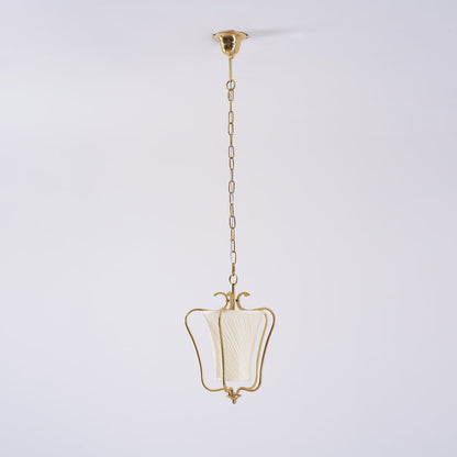 Vintage Hanglamp met Messing Afwerking en Plooistof Kap – Warm Lantaarnontwerp voor Keuken en Hal