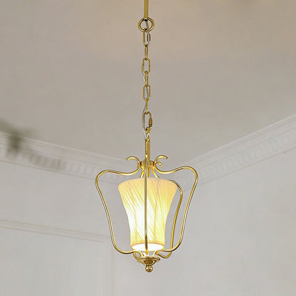 Vintage Hanglamp met Messing Afwerking en Plooistof Kap – Warm Lantaarnontwerp voor Keuken en Hal