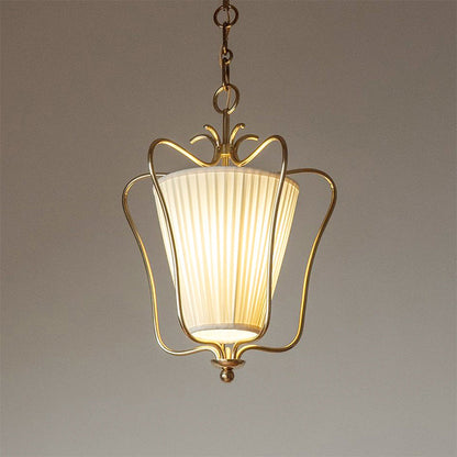 Vintage Hanglamp met Messing Afwerking en Plooistof Kap – Warm Lantaarnontwerp voor Keuken en Hal